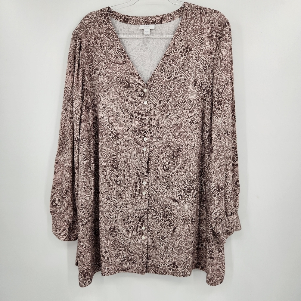 J. Jill PureJill V Neck 3/4 Sleeve Button Front Shirt Womens Size XL Paisley